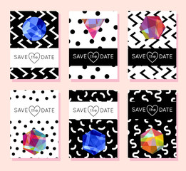 Invitation card design template set. Editable layout for birthday, party invitation, wedding, baby shower, valentines day. Trendy geometric memphis style pattern background