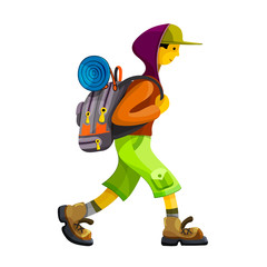 Young man hiker with rucksack walking. Isolated clip art vector illustration