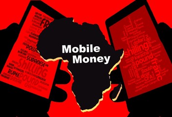 African Mobile Money - 
Two smartphones show the currencies of Africa. Between:  A map of the continent in black with the inscription "Mobile Money". Background: red.  
