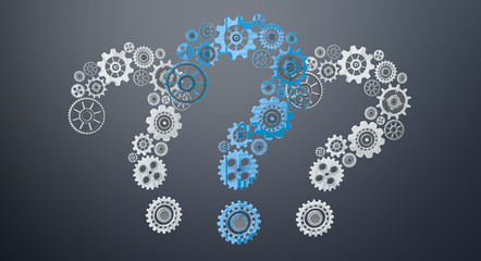 3D rendering gear icons question mark flying