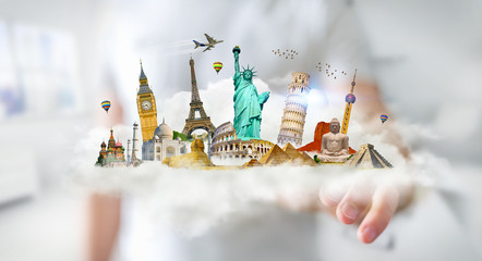 Businessman touching a cloud full of famous monuments with his finger 3D rendering