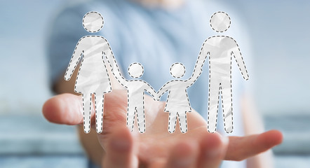 Businessman holding family interface in his hand 3D rendering