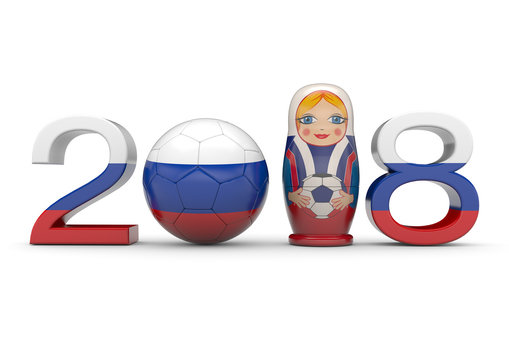 2018 mit Fußball und russischer Figur