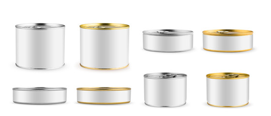 Set of mockups. Package. White blank tincan silver and gold metal Tin Can, canned Food. Isolated on white background. Ready for your design. Real product packing.