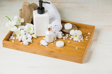 SPA Decoration. Spa composition with cosmetic bottle