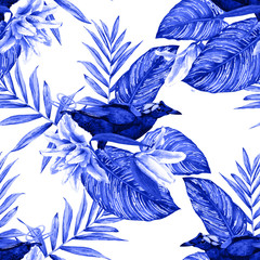 Seamless tropical floral pattern. Watercolor exotic plants: flowers of  pink lilies, calathea leafs and palm branches, Wilson's bird of paradise. Blue tones on white background. 