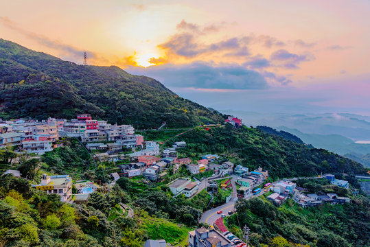View of Jiufen town houses and mountain