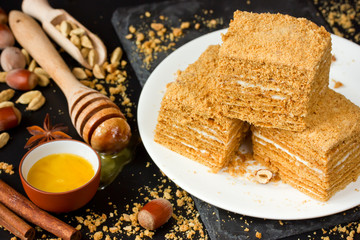 Homemade honey cake with cream