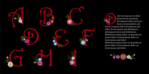 Embroidery vintage alphabet set. Initial drop cap decorative flowers. Ornate red vector illustration letters signs A B C D E F G H I floral design