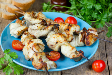 Catfish kebab , skewered fish with vegetables
