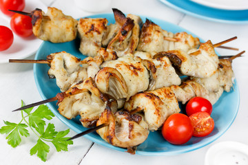 Catfish kebab , skewered fish with vegetables