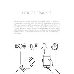 Fototapeta na wymiar Vector banner with a means of tracking activity, a fitness bracelet. The concept of fitness gadget with icons its functionality.