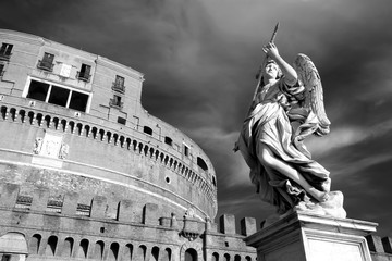 Angel holding a spear at Holy Angel Castle (Castel Sant'Angelo) in Rome, Italy. Holy Angel Castle,...