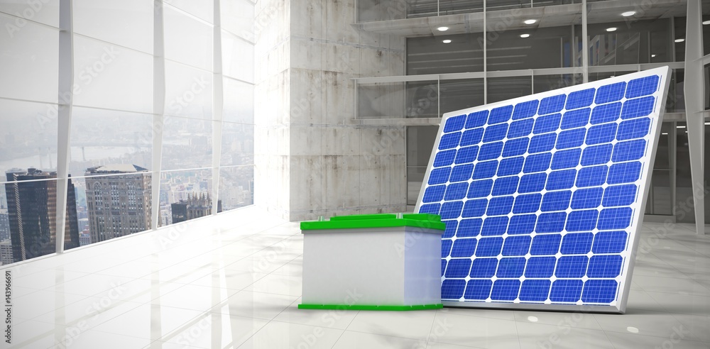 Poster composite image of 3d image of solar panel with battery
