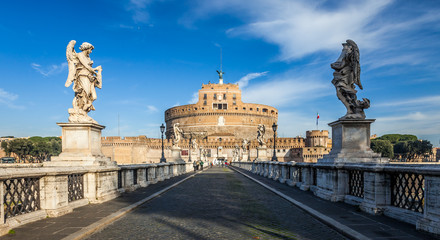 Fototapeta na wymiar Holy Angel Castle (Castel Sant'Angelo) in Rome, Italy. Rome architecture and landmark. Holy Angel Castle, also known as Hadrian Mausoleum is one of the main attractions of Rome and Italy.