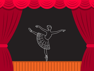 Vector theater scene which depicts the figure of a girl ballerina in a tutu in a dance position. Ballet vector illustration in flat style © shopplaywood