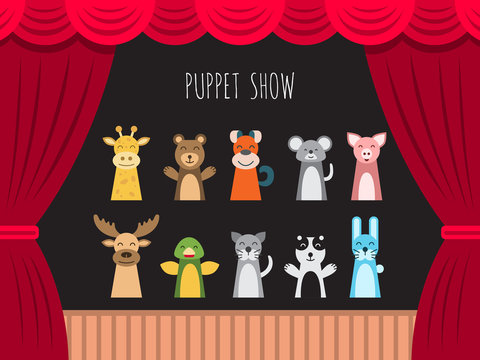 Childrens performance in the puppet show at the theater with price, curtain and scenery.