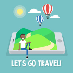 Tourism. Air balloons in the sky. Travel mobile application. Vector illustration, clip art