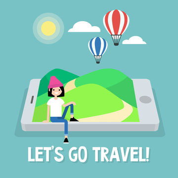 Tourism. Air balloons in the sky. Travel mobile application. Vector illustration, clip art