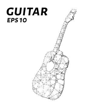 The guitar is composed of points, lines and triangles. The polygon shape in the form of a silhouette of a guitar on a dark background. Vector illustration.