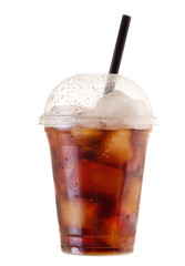cold cola with ice in takeaway cup on white background