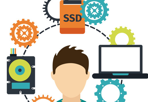 Colorful Technology Gears Laptop SSD User Illustration Set