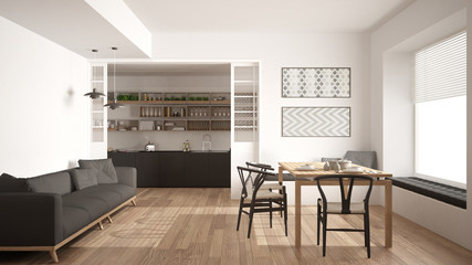 Minimalist kitchen and living room with sofa, table and chairs, white modern interior design