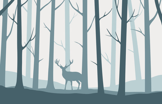 Landscape with silhouettes of trees in the forest and deer standing in the middle - vector illustration