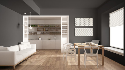 Minimalist kitchen and living room with sofa, table and chairs, white and gray modern interior design