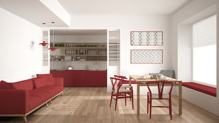 Minimalist kitchen and living room with sofa, table and chairs, white and red modern interior design