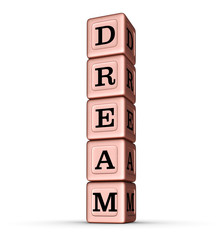 Dream Word Sign. Vertical Stack of Rose Gold Metallic Toy Blocks.