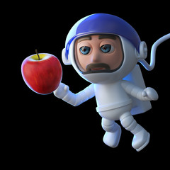 3d Funny cartoon astronaut character floating in space with an apple