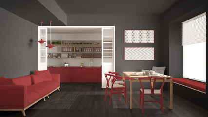 Minimalist kitchen and living room with sofa, table and chairs, gray and red modern interior design