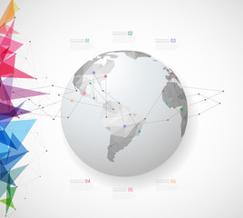 Infographic template with polygonal map and colorful objects - light version.