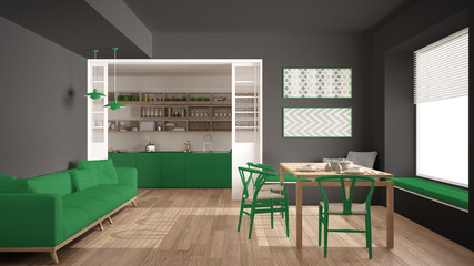 Minimalist kitchen and living room with sofa, table and chairs, gray and green modern interior design