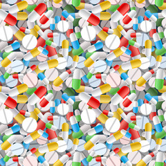 Fototapeta na wymiar Bright different pills and capsules, seamless pattern
