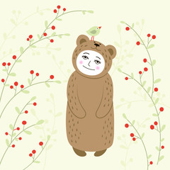 A cute bear girl in a hand-drawn style. Vector illustration.
