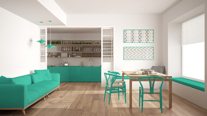 Minimalist kitchen and living room with sofa, table and chairs, white and turquoise modern interior design