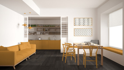 Minimalist kitchen and living room with sofa, table and chairs, white and yellow modern interior design