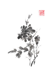 Japanese style original sumi-e chrysanthemum branch ink painting. - 143970493