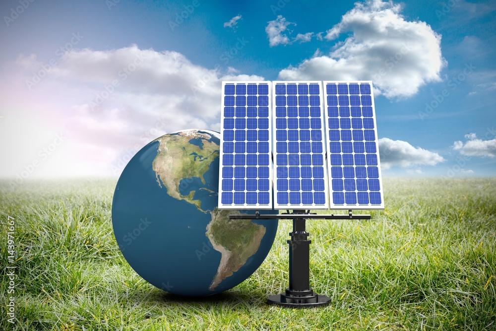 Poster composite image of 3d image of globe with solar panel