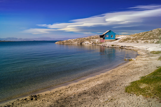 Sevan lake beach coast line in summer day 