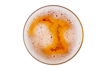Beer in glass. Beer foam with bubble. View from above.