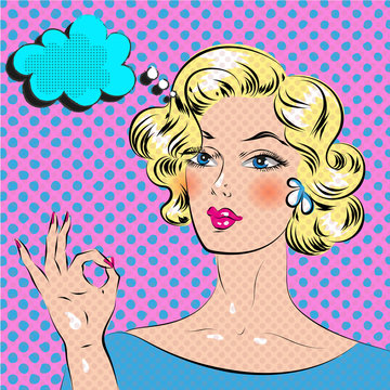 Blond haired pop art comics woman with hand ok vector