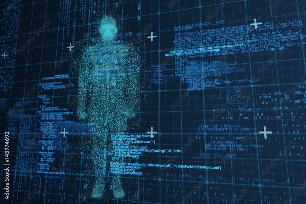 Poster composite image of full length of pixelated digital 3d man