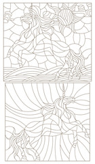 Set contour illustration of stained glass with abstract unicorns
