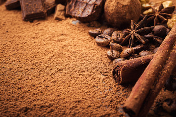 Chocolate truffle,Truffle chocolate candies with cocoa powder.Homemade fresh energy balls with chocolate.Gourmet assorted truffles made by chocolatier.Chunks of chocolate and coffee beans,copy space
