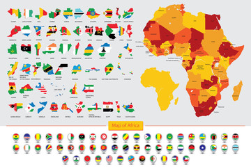 Map of Africa. Flags of African countries