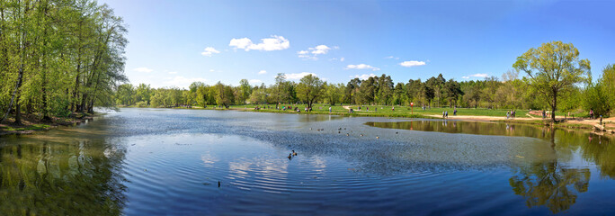 Kuzminki park summer panoramic view in Moscow, Russia