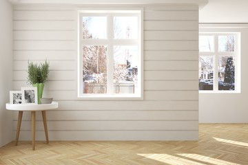 White empty room with winter landscape in window. Scandinavian interior design. 3D illustration